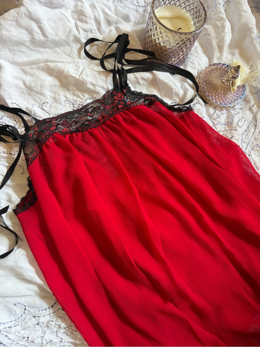Vintage Romantic Coquette Chemise Nightgown - Black Trim, Red
